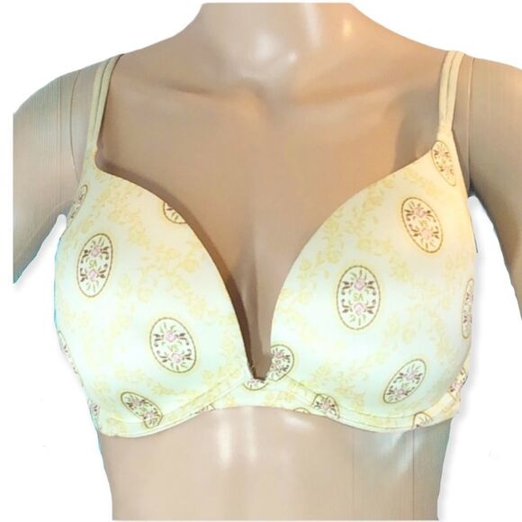 Victoria's Secret Heavily Padded Push Up Bra Cream Floral Print 34DD - Picture 1 of 13